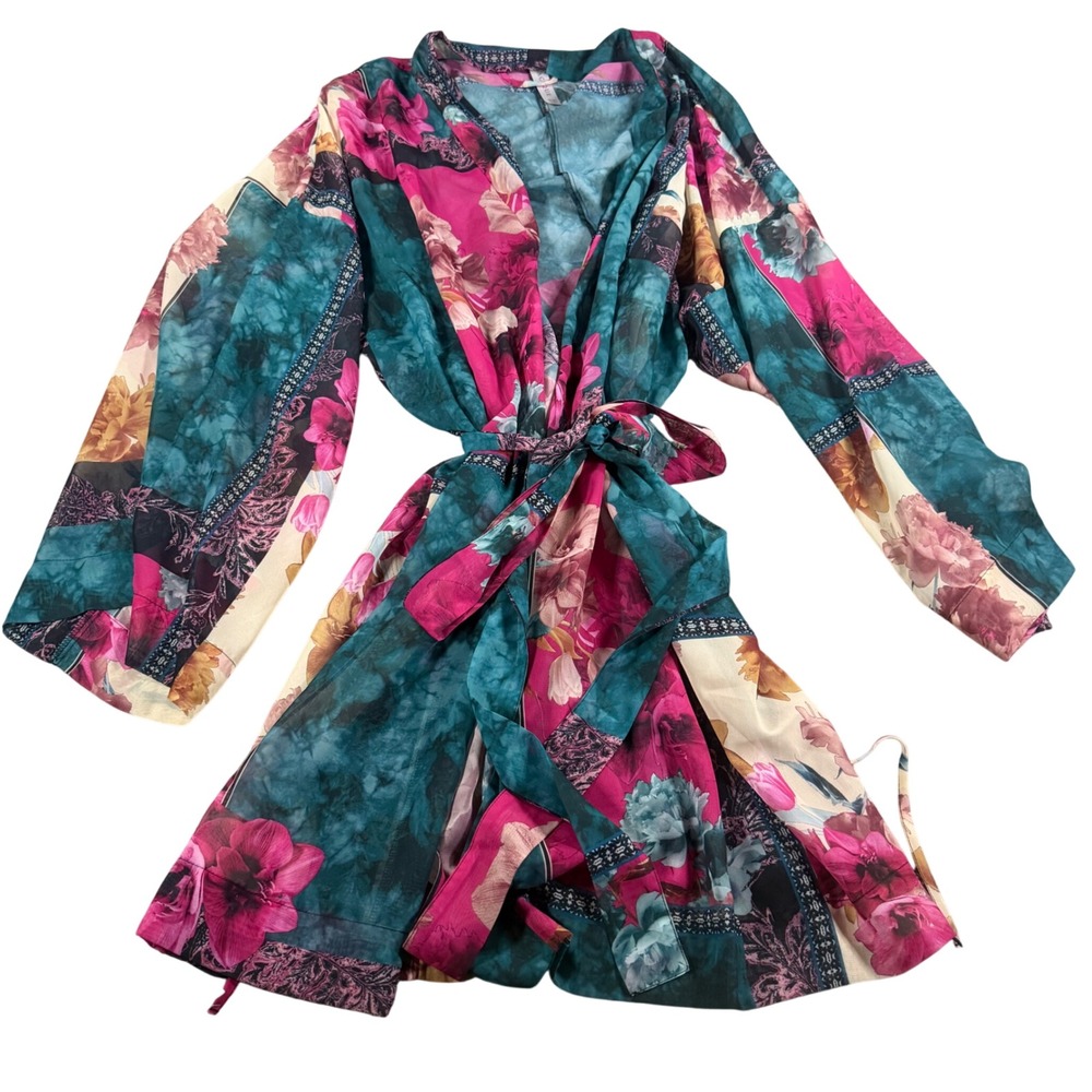 Cacique Floral Patchwork Robe Womens 22/24 Teal Magenta Long Sleeve Tie Waist